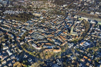 Aerial view, market day in the city centre of Unna, market on the old market, market place, Unna,