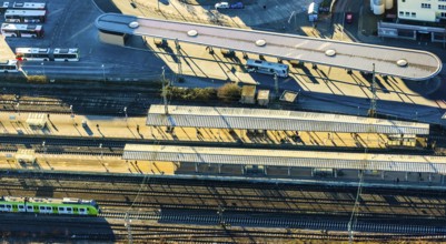 Aerial view, Unna main station, HBF, platform backlit, Unna, Ruhr area, North Rhine-Westphalia,
