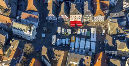 Aerial view, market day in the city centre of Unna, market on the old market, market place, Unna,