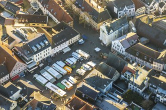 Aerial view, market day in the city centre of Unna, market on the old market, market place, Unna,