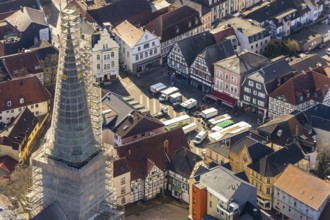 Aerial view, redevelopment protestant town church, church square, market, Unna, Ruhr area, North