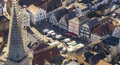 Aerial view, redevelopment protestant town church, church square, market, Unna, Ruhr area, North