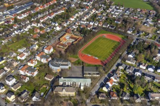 Aerial view, Peter-Weiss-Gesamtschule, old building, Herderstadion, Unna, Ruhr area, North
