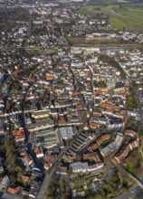Aerial view, city view, old town, redevelopment evang. town church, church square, Unna, Ruhr area,