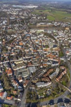 Aerial view, city view, old town, redevelopment evang. town church, church square, Unna, Ruhr area,