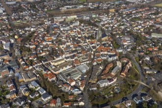Aerial view, city view, old town, redevelopment evang. town church, church square, Unna, Ruhr area,