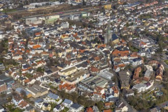 Aerial view, city view, old town, redevelopment evang. town church, church square, Unna, Ruhr area,