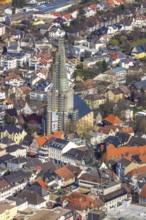 Aerial view, city view, old town, redevelopment evang. town church, church square, Unna, Ruhr area,