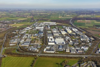 Aerial view, industrial park Unna, wind turbines, Unna, Ruhr area, North Rhine-Westphalia, Germany,