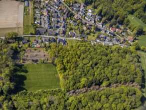 Aerial view, sports field SV Blau-Rot Billmerich e.V., forest deforestation, Unna, Ruhr area, North
