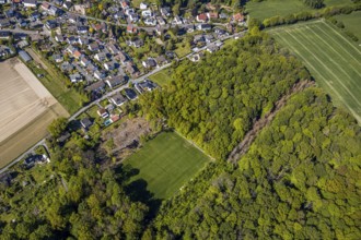 Aerial view, sports field SV Blau-Rot Billmerich e.V., forest deforestation, Unna, Ruhr area, North