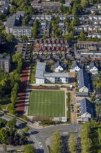 Aerial view, sports field Enkircher Weg, terraced houses, Unna, Ruhr area, North Rhine-Westphalia,