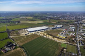 Aerial view, new Woolworth headquarters and logistics centre, commercial area Unna Kamen, Ikea,