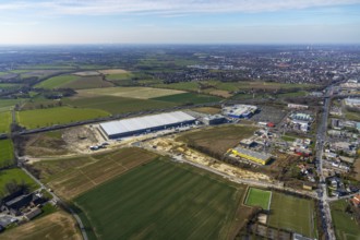 Aerial view, new Woolworth headquarters and logistics centre, commercial area Unna Kamen, Ikea,