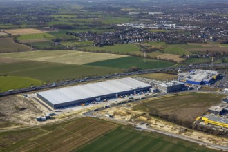 Aerial view, new Woolworth headquarters and logistics centre, commercial area Unna Kamen, Ikea,