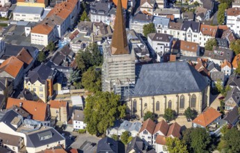 Aerial view, renovation construction site protestant town church, old town, Unna, Ruhr area, North