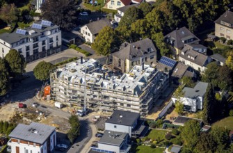 Aerial view, new construction, construction site, residential building Hertingerstraße, Hertinger