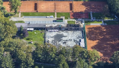 Aerial view, construction site tennis courts Tennisclub Unna 02 Grün- Weiß, fire damage, Unna, Ruhr