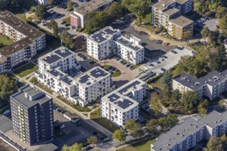 Aerial view, Parkquartier Königsborn, solar panels, photovoltaics, new construction Potsdamer