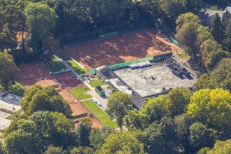Aerial view, construction site tennis courts Tennisclub Unna 02 Grün- Weiß, fire damage, Unna, Ruhr