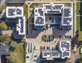 Aerial view, Parkquartier Königsborn, solar panels, photovoltaics, new construction Potsdamer