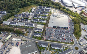 Aerial view, residential area Winkelstraße, shopping centre, upper town, Velbert, Ruhr area, North