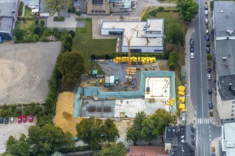 Aerial view, at the evang. Christuskirche, new parish hall, construction site for new hospice