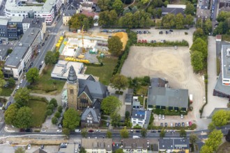 Aerial view, at the evang. Christuskirche, new parish hall, construction site for new hospice