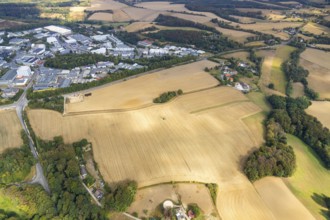 Aerial view, farmland Großes Feld, planned industrial area, Langenberger Straße, construction site,