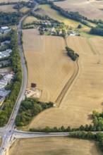 Aerial view, farmland Großes Feld, planned industrial area, Langenberger Straße, construction site,