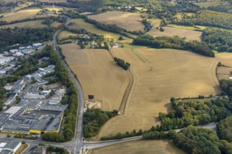 Aerial view, farmland Großes Feld, planned industrial area, Langenberger Straße, construction site,