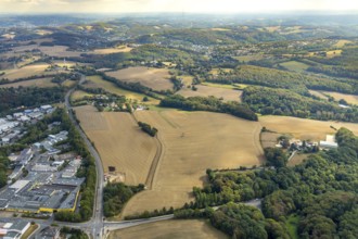 Aerial view, farmland Großes Feld, planned industrial area, Langenberger Straße, construction site,