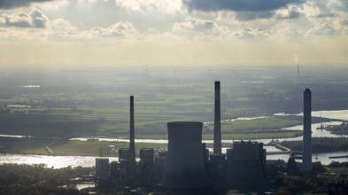 Aerial view, former power plant Voerde in backlight, Frankfurter Straße, river Rhine, shipping,