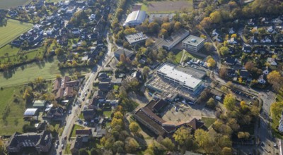 Aerial view, construction site new building Comenius comprehensive school Voerde, Voerde, Ruhr