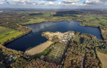 Aerial view, Tenderingssee, lido, gravel works, Möllen, Voerde, Ruhr area, North Rhine-Westphalia,