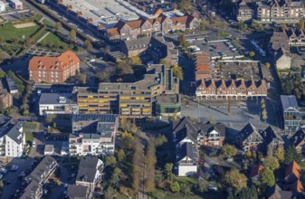 Aerial view, town hall Voerde, town hall square, hotel Niederrhein, Voerde, North Rhine-Westphalia,