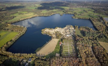 Aerial view, Tenderingssee, lido, gravel works, Möllen, Voerde, Ruhr area, North Rhine-Westphalia,