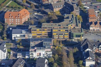 Aerial view, town hall Voerde, town hall square, hotel Niederrhein, Voerde, North Rhine-Westphalia,