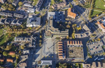 Aerial view, town hall Voerde, town hall square, hotel Niederrhein, Voerde, North Rhine-Westphalia,