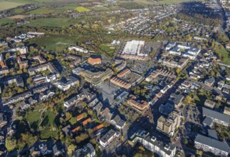 Aerial photo, town hall Voerde, town hall square, Hotel Niederrhein, Senioren-Park carpe diem