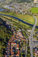 Aerial view, local view, residential area at the edge of the forest Langestraße, Weser bridge,