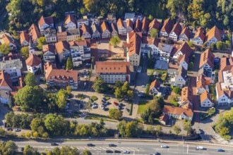 Aerial view, local view, residential area at the edge of the forest Langestraße, Vlotho, OWL,