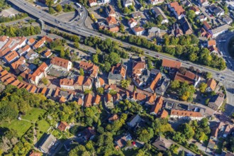 Aerial view, local view, residential area at the edge of the forest Langestraße, Vlotho, OWL,
