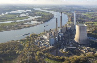 Aerial view, former power plant Voerde, Frankfurter Straße, river Rhine, navigation, Möllen,