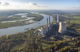 Aerial view, former power plant Voerde, Frankfurter Straße, river Rhine, navigation, Möllen,