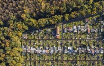 Aerial view, Gartenbauverein Bergmannslust e.V., Möllen, Voerde, Ruhr area, North Rhine-Westphalia,