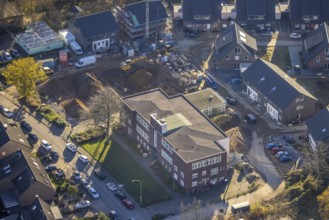 Aerial view, VHS Neukirchen-Vluyn, construction site, new building, residential area, Vluyn,