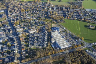 Aerial view, commercial area Lintorfer Straße, toom Baumarkt, Krämer MEGA STORE, Inneboltstraße,