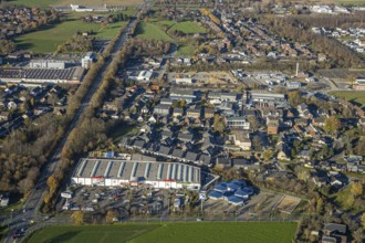 Aerial view, commercial area Lintorfer Straße, toom Baumarkt, Krämer MEGA STORE, Inneboltstraße,