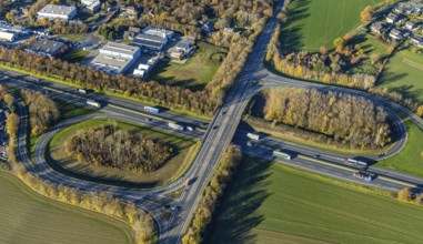 Aerial view, motorway A40, junction Neukirchen-Vluyn, commercial area Lintorfer Straße, Neukirchen,